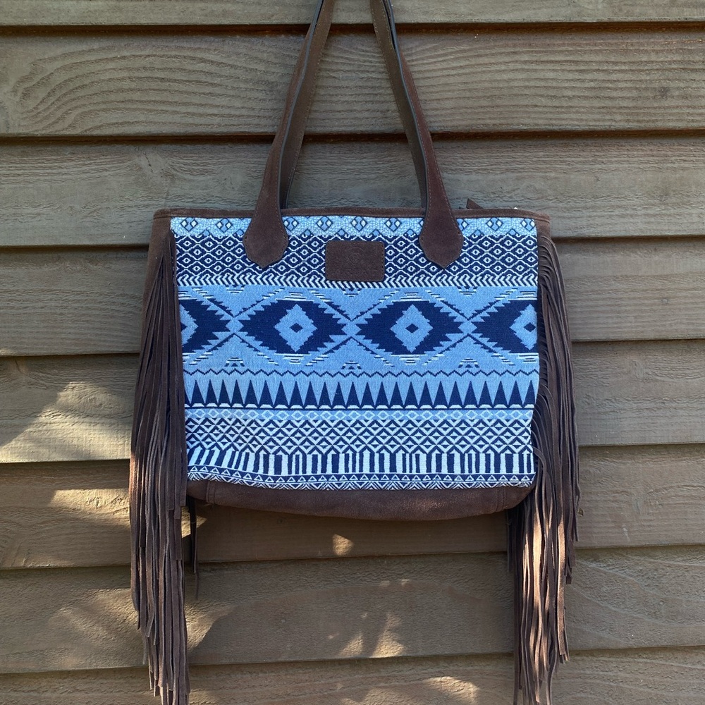 ARIAT 
Real leather Aztec Patterned Fringe Tote Bag - Blue and Brown